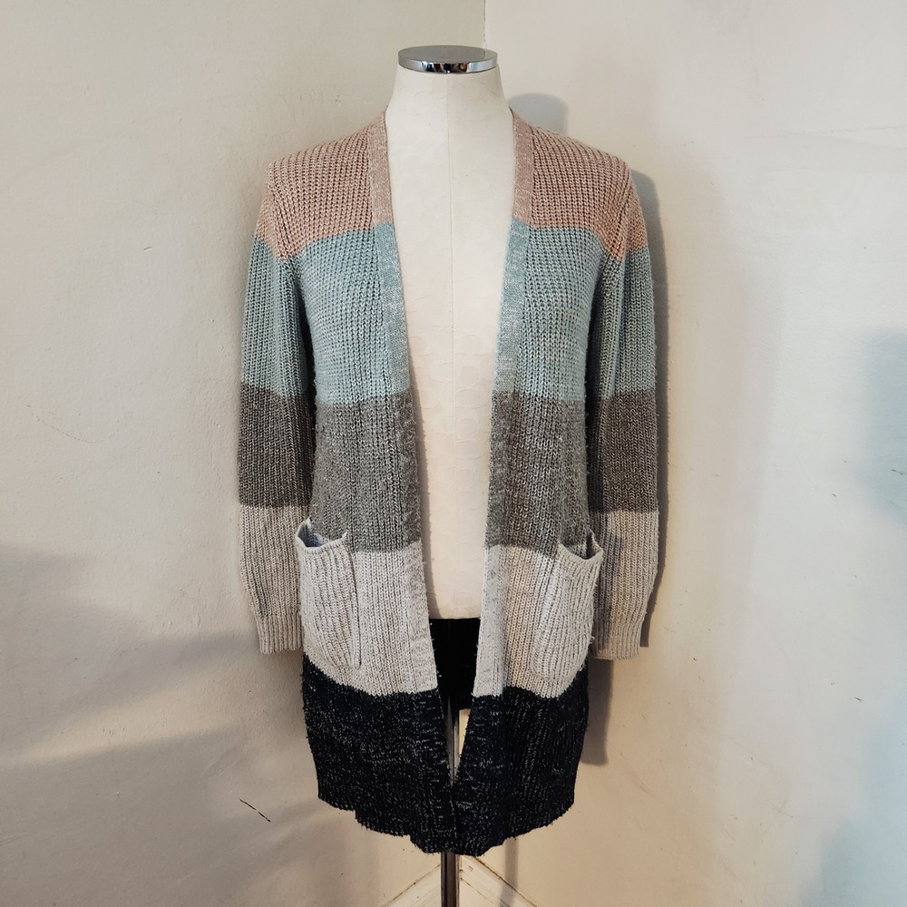 Nine West Striped Colorblock Long Open Front Cardigan Sweater Women's‎ Size S